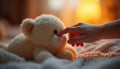 Close-up of a plush toys button eye, with a childs fingertip gently touching it